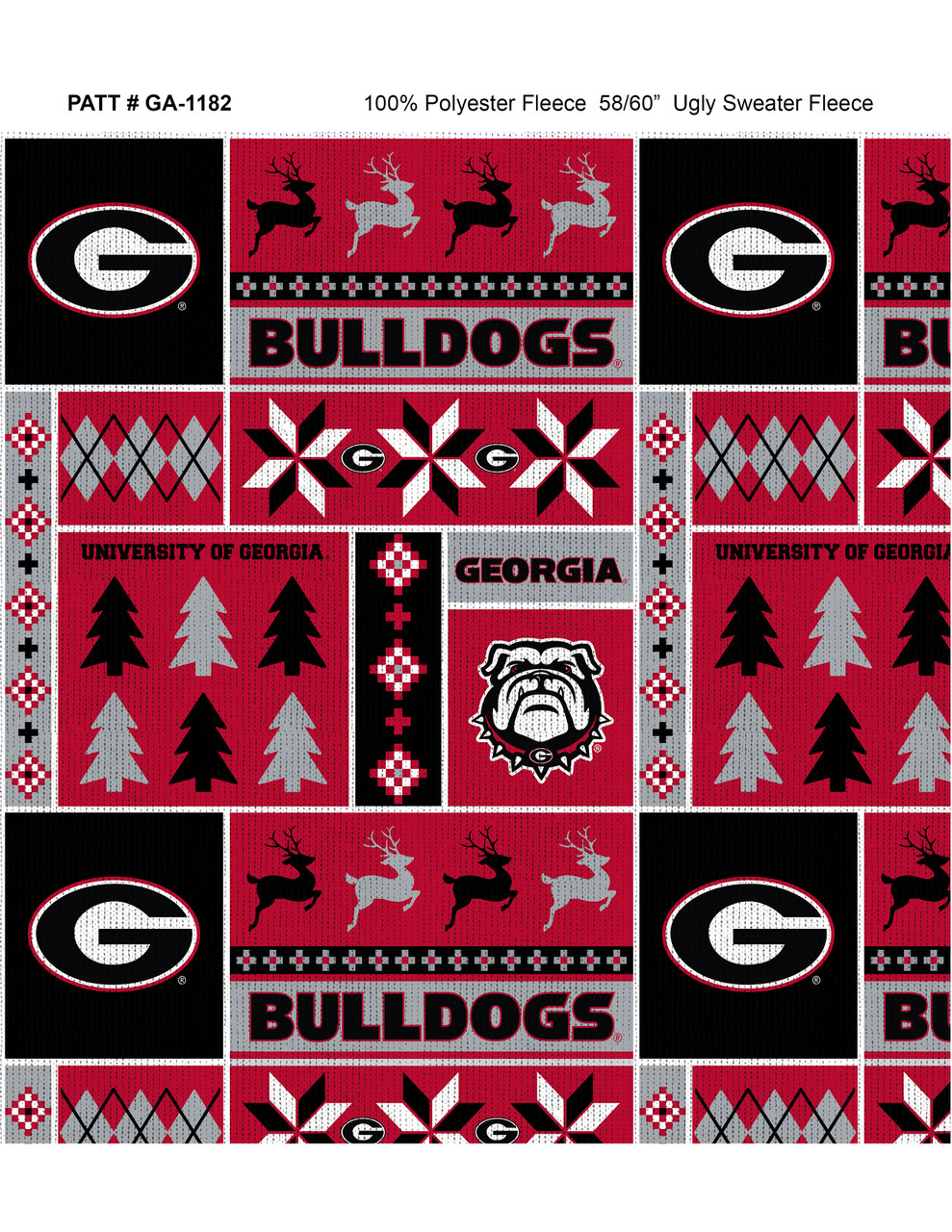University of Georgia Bulldogs Holiday Sweater Fleece Fabric Remnants