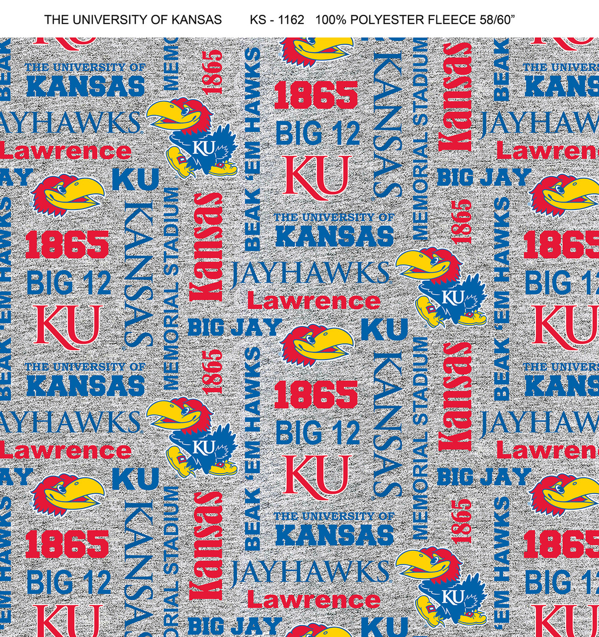 University of Kansas Jayhawks Heather Verbiage Fleece Fabric Remnants