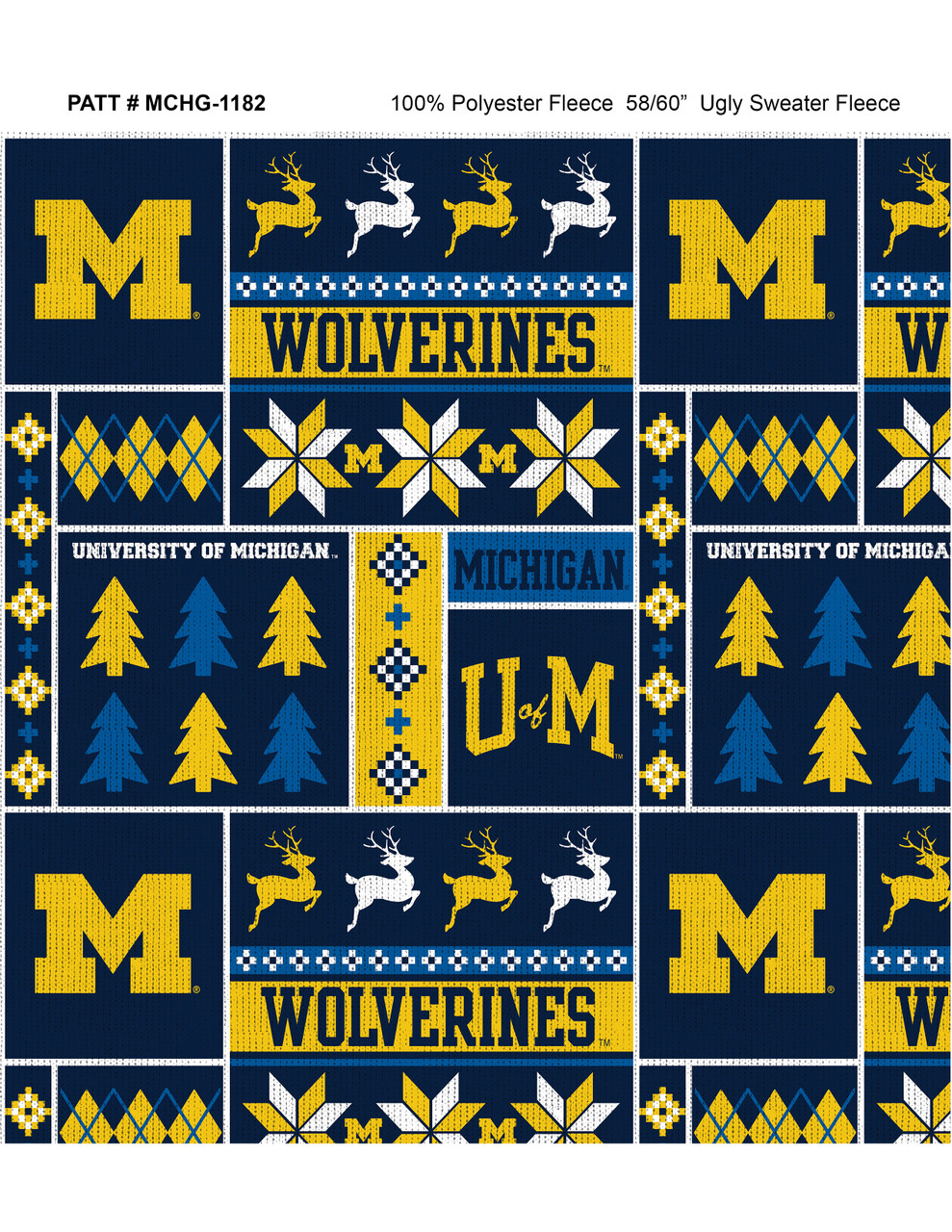 University of Michigan Wolverines Holiday Sweater Fleece Fabric Remnants