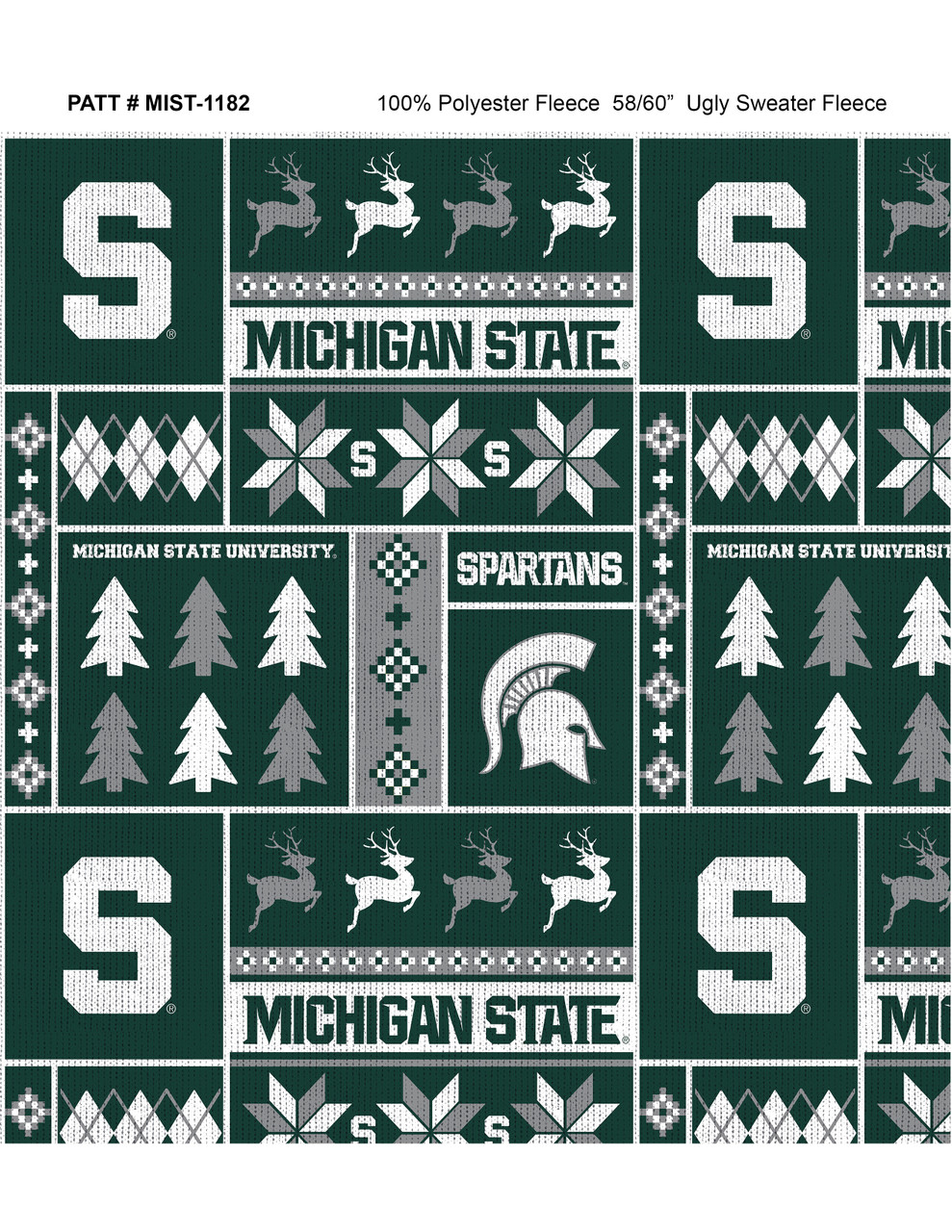 Michigan State University Spartans Holiday Sweater Fleece Fabric Remnants