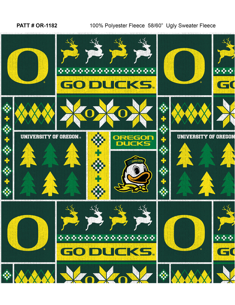 University of Oregon Ducks Holiday Sweater Fleece Fabric Remnants