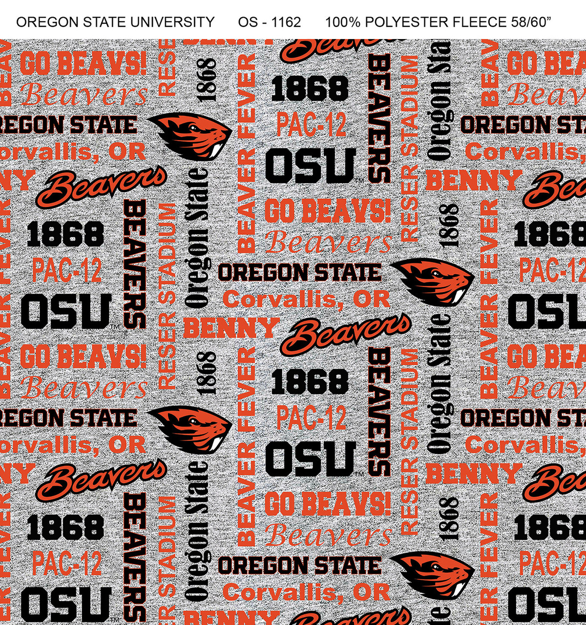 Oregon State University Beavers Heather Verbiage Fleece Fabric Remnants
