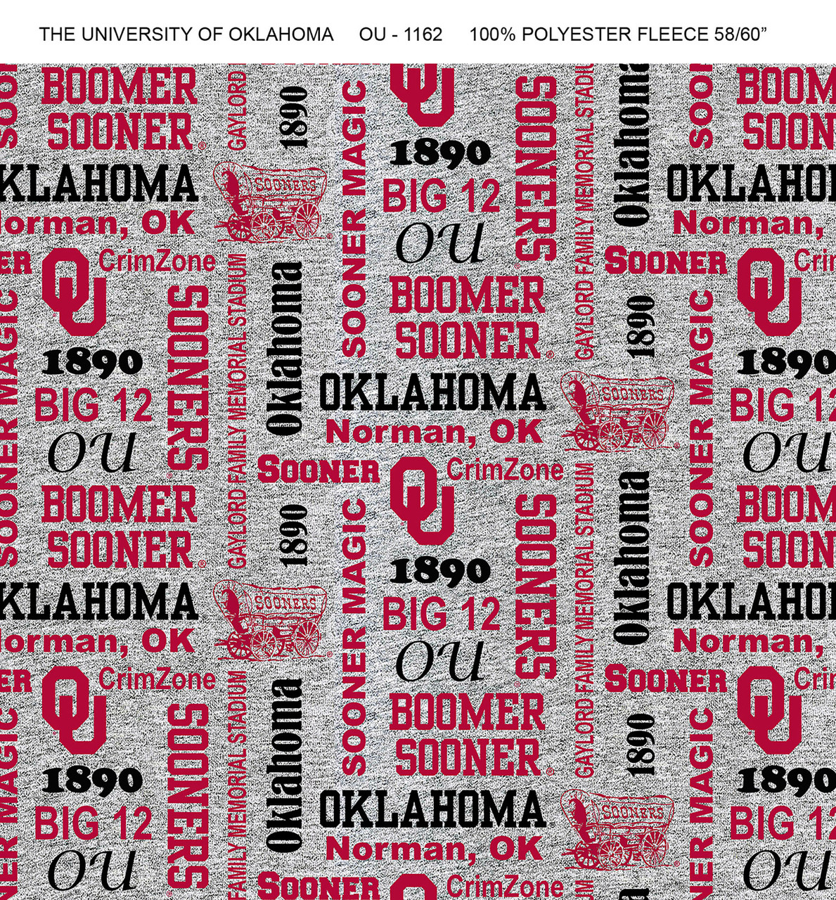 University of Oklahoma Sooners Heather Verbiage Fleece Fabric Remnants