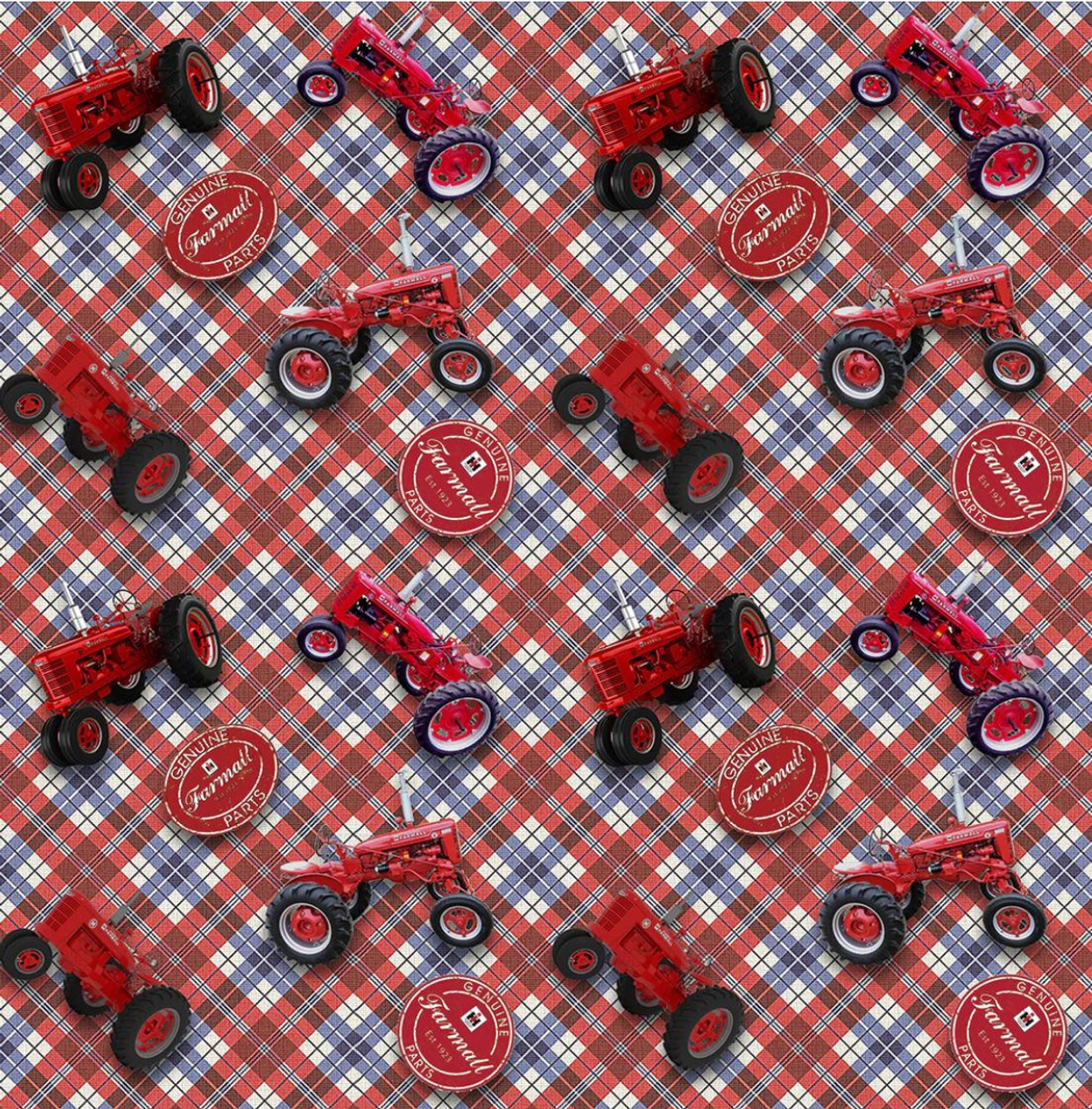 Farmall Agriculture Cotton Fabric Collection by Sykel-Tractors Tossed on Plaid