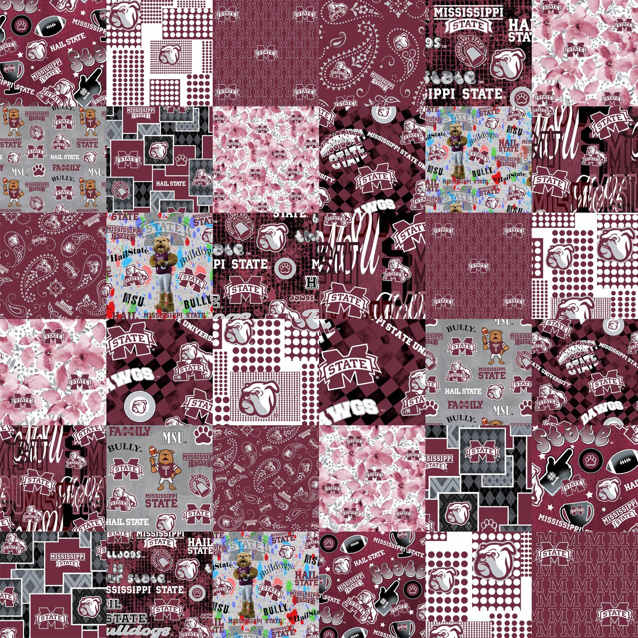 Official Licensed Mississippi State University Cheater Quilt Printed Cotton Fabric-Mississippi State Bulldogs Cotton Fabric with Patchwork Cheater Quilt Print-60 Width
