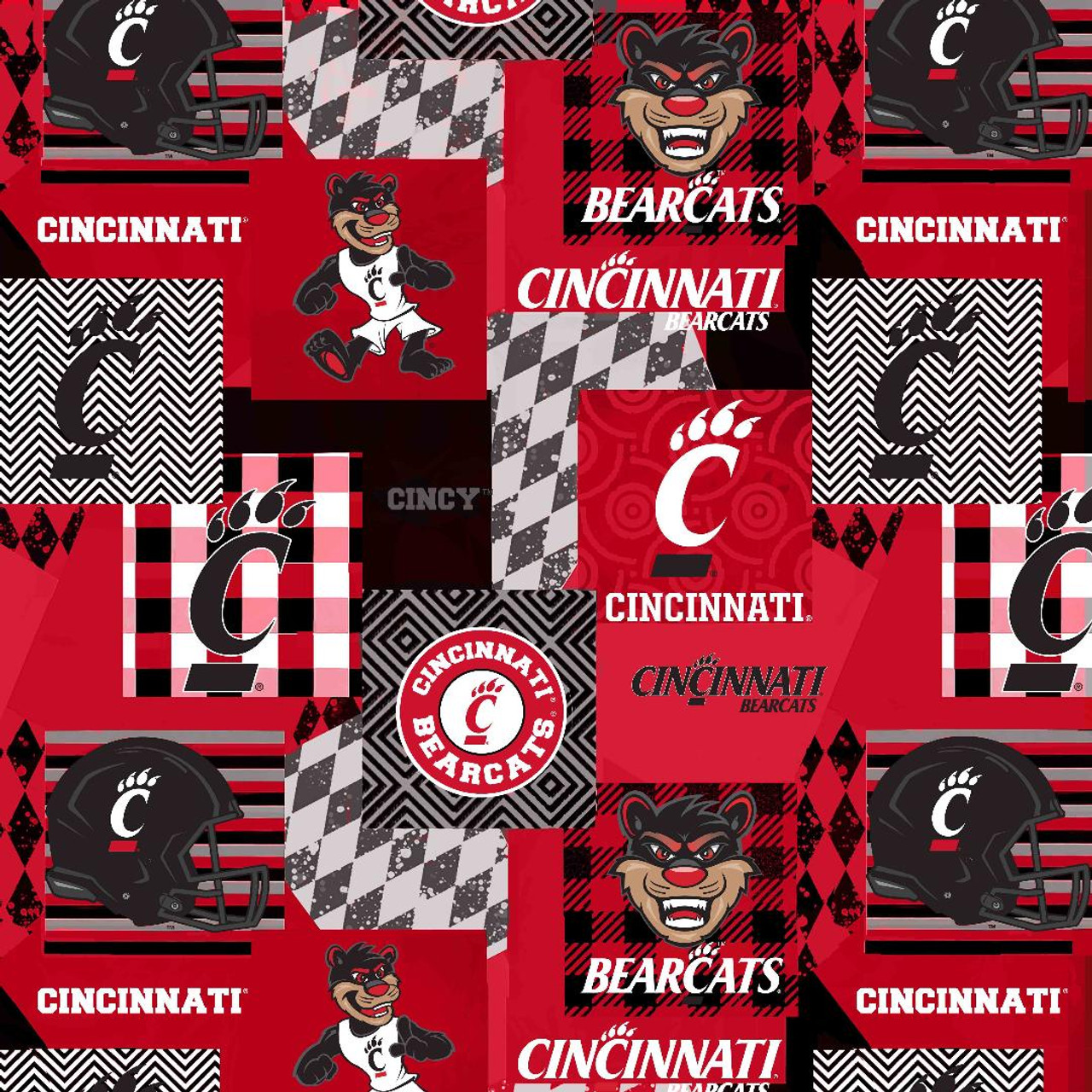 Officially Licensed University of Cincinnati Minky Fabric with Geometric Design-Cincinnati Bearcats Minky Fleece Sold By The Yard