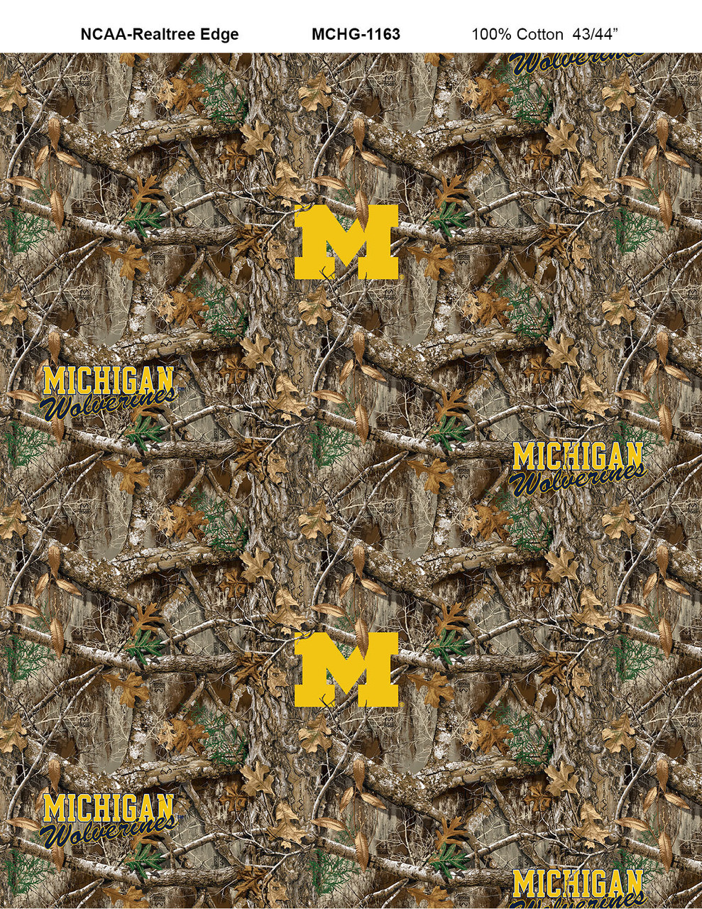 University of Michigan Wolverines Cotton Fabric with Realtree Camo Print or Matching Solid Cotton Fabrics