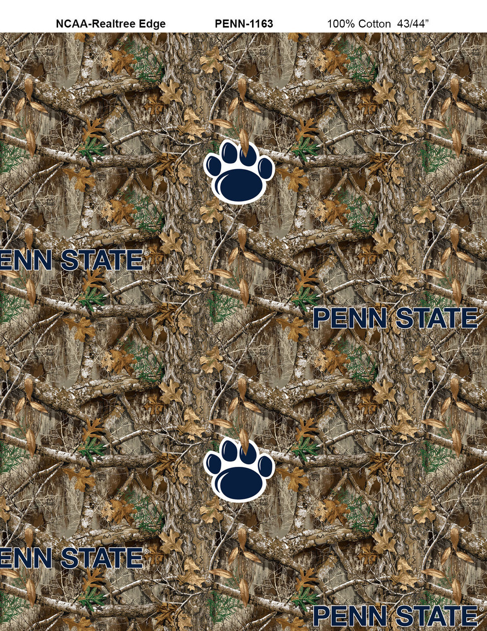 Penn State Nittany Lions Cotton Fabric with Realtree Camo Print or Matching Solid Cotton Fabrics