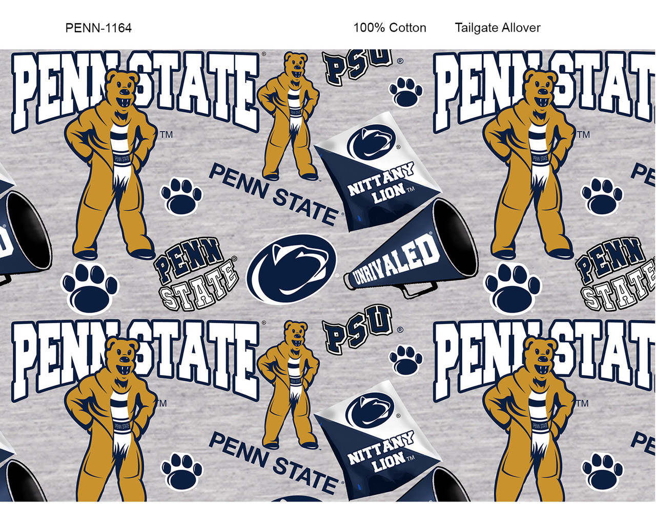 Penn State Nittany Lions Cotton Fabric with Mascot Heather Print or Matching Solid Cotton Fabrics