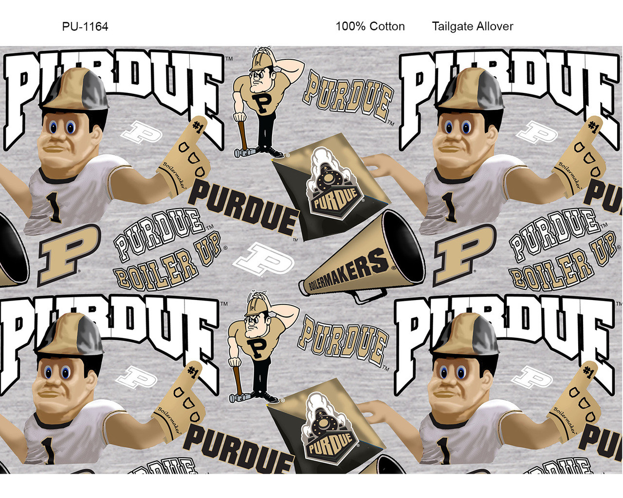 Purdue University Boilermakers Cotton Fabric with Mascot Heather Print or Matching Solid Cotton Fabrics