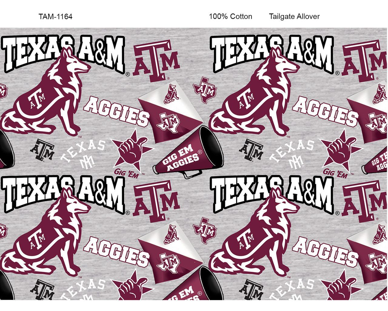Texas A&M Aggies Cotton Fabric with Mascot Heather Print or Matching Solid Cotton Fabrics