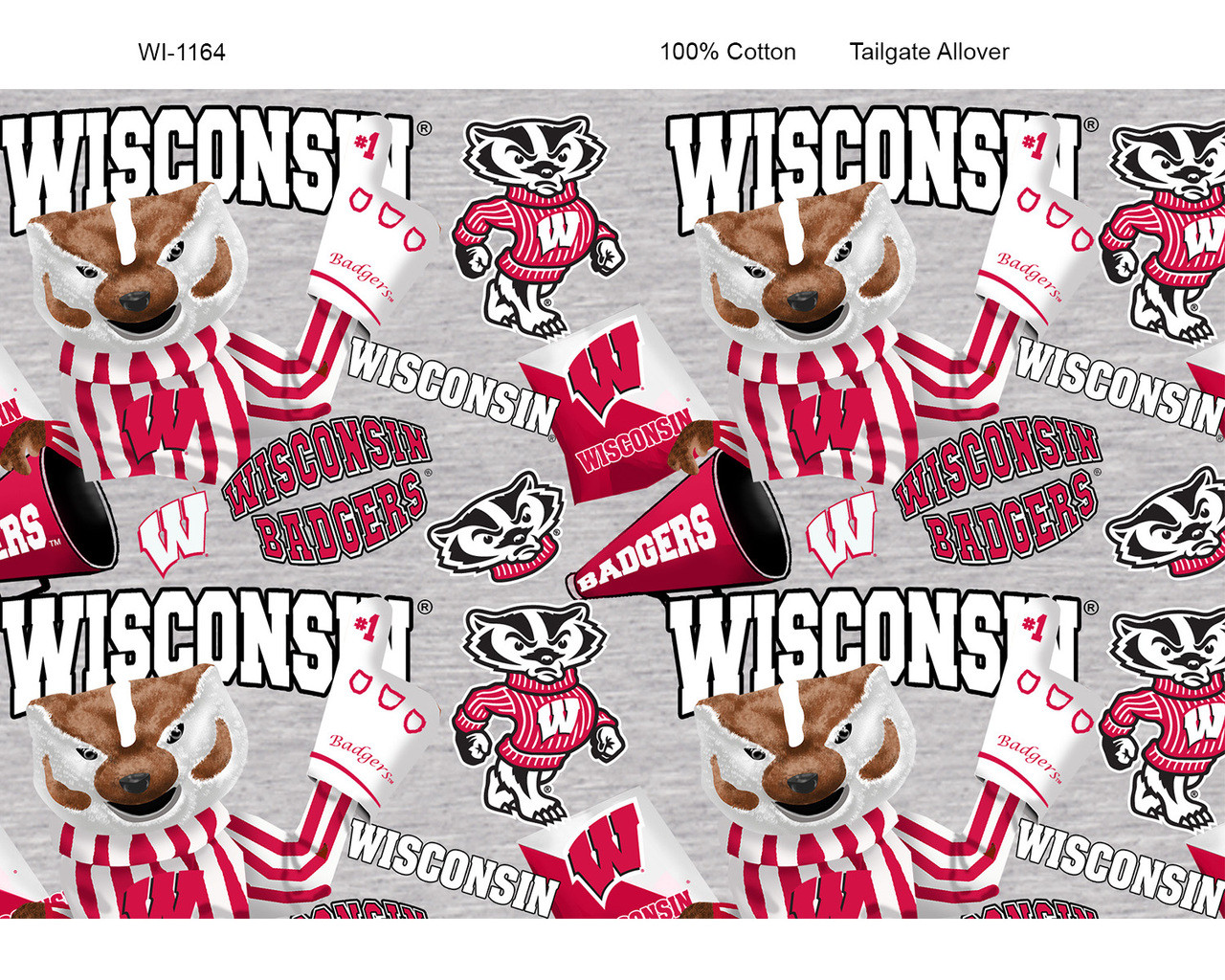 University of Wisconsin Badgers Cotton Fabric with Mascot Heather Print or Matching Solid Cotton Fabrics