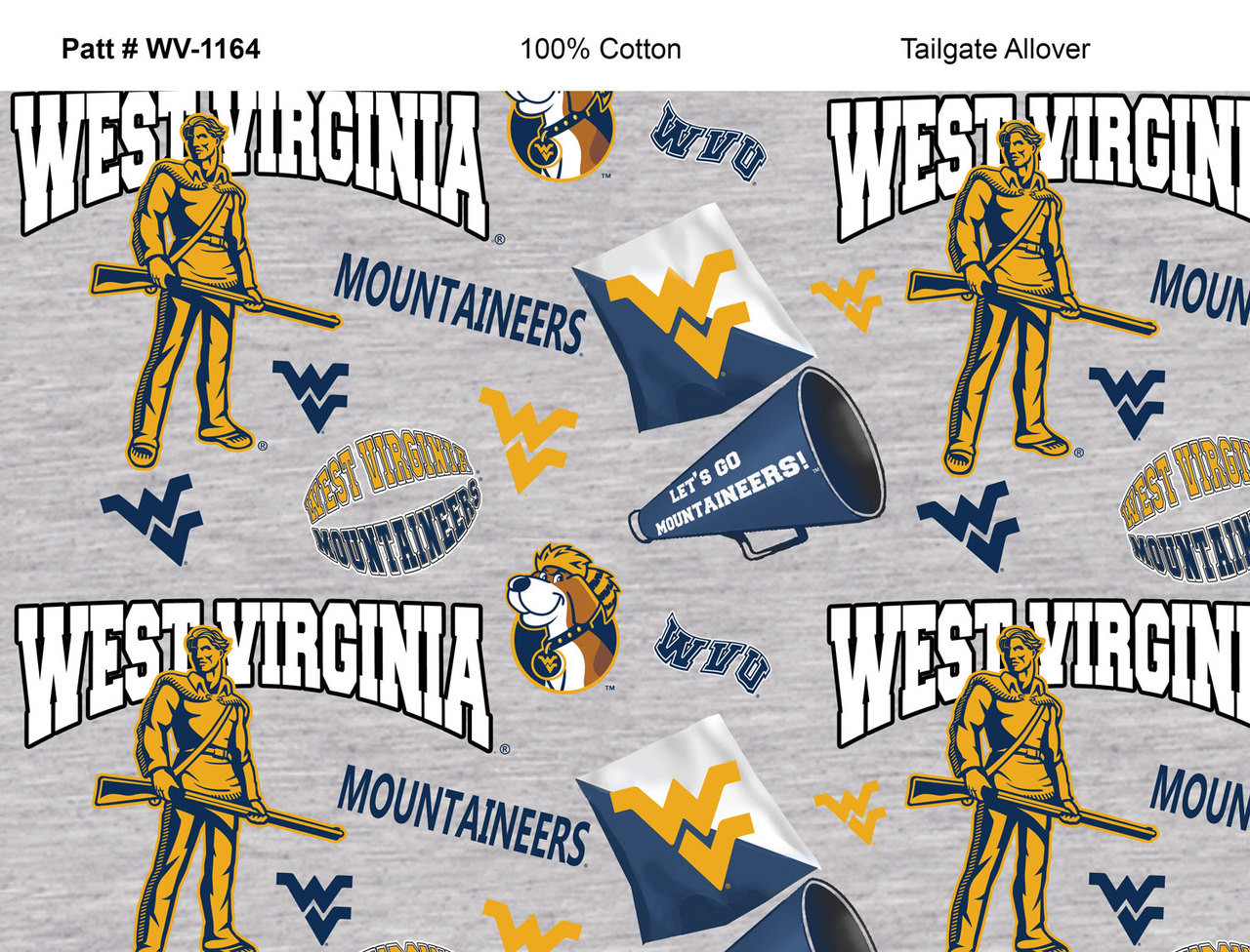 West Virginia University Mountaineers Cotton Fabric with Mascot Heather Print and Matching Solid Cotton Fabrics