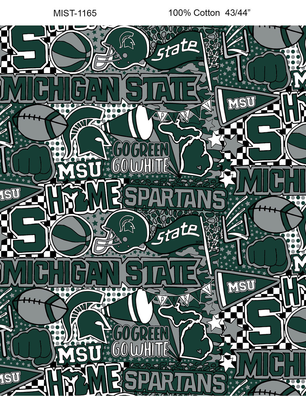 Michigan State University Spartans Cotton Fabric with Pop Art Print and Matching Solid Cotton Fabrics