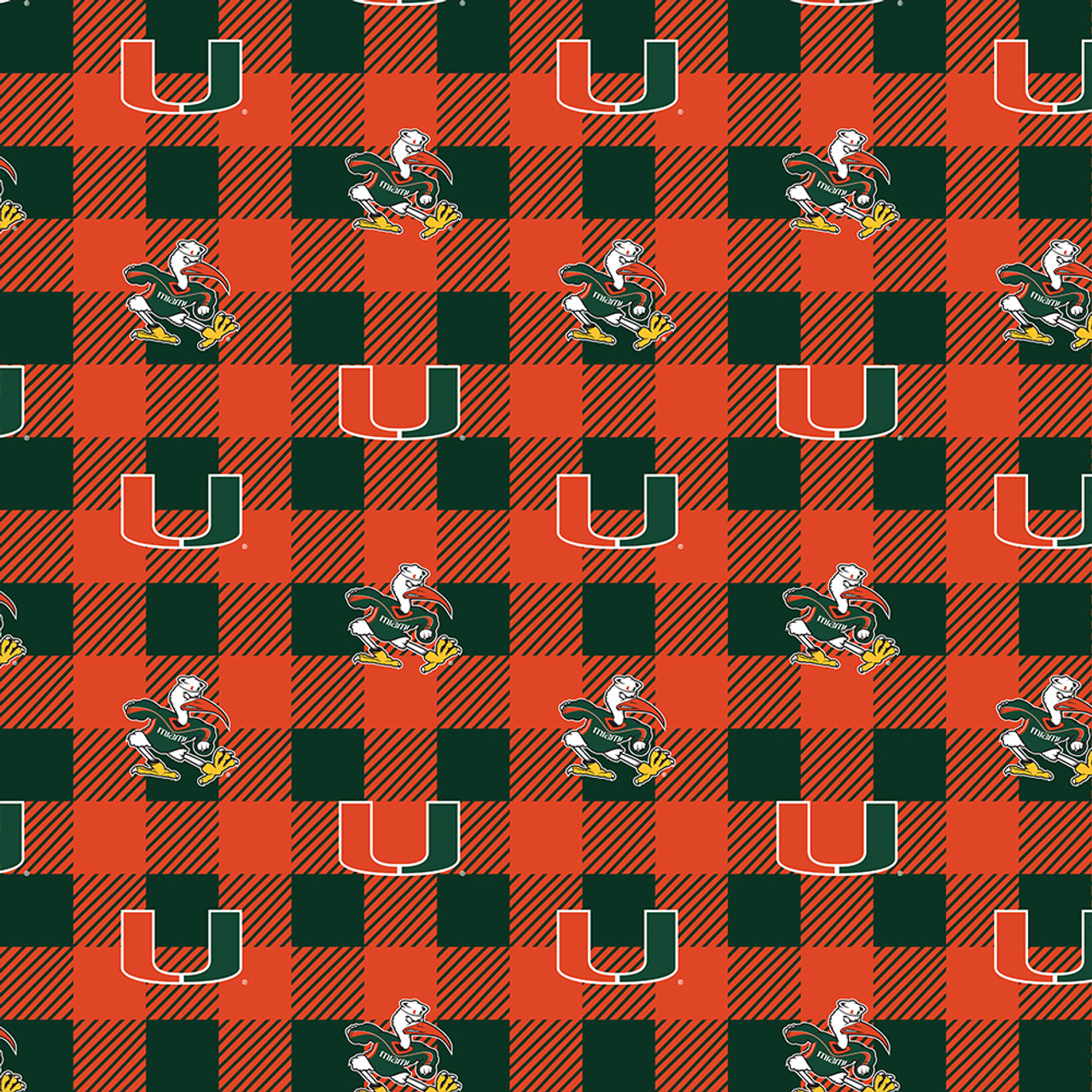 University of Miami Fleece Fabric with Buffalo Plaid design-Sold by the Yard