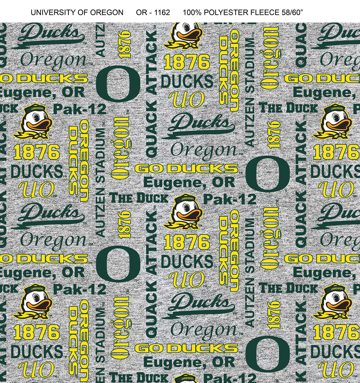 University of Oregon Fleece Fabric with Verbiage Pattern-Sold by the Yard
