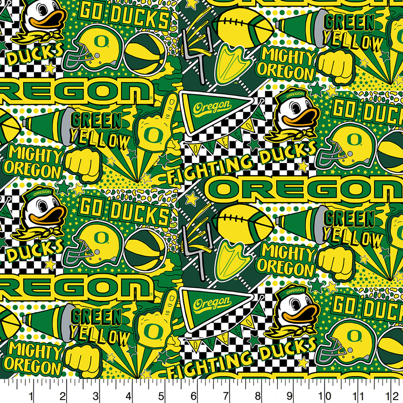 University of Oregon Ducks Cotton Fabric with Pop Art Print or Matching Solid Cotton Fabrics