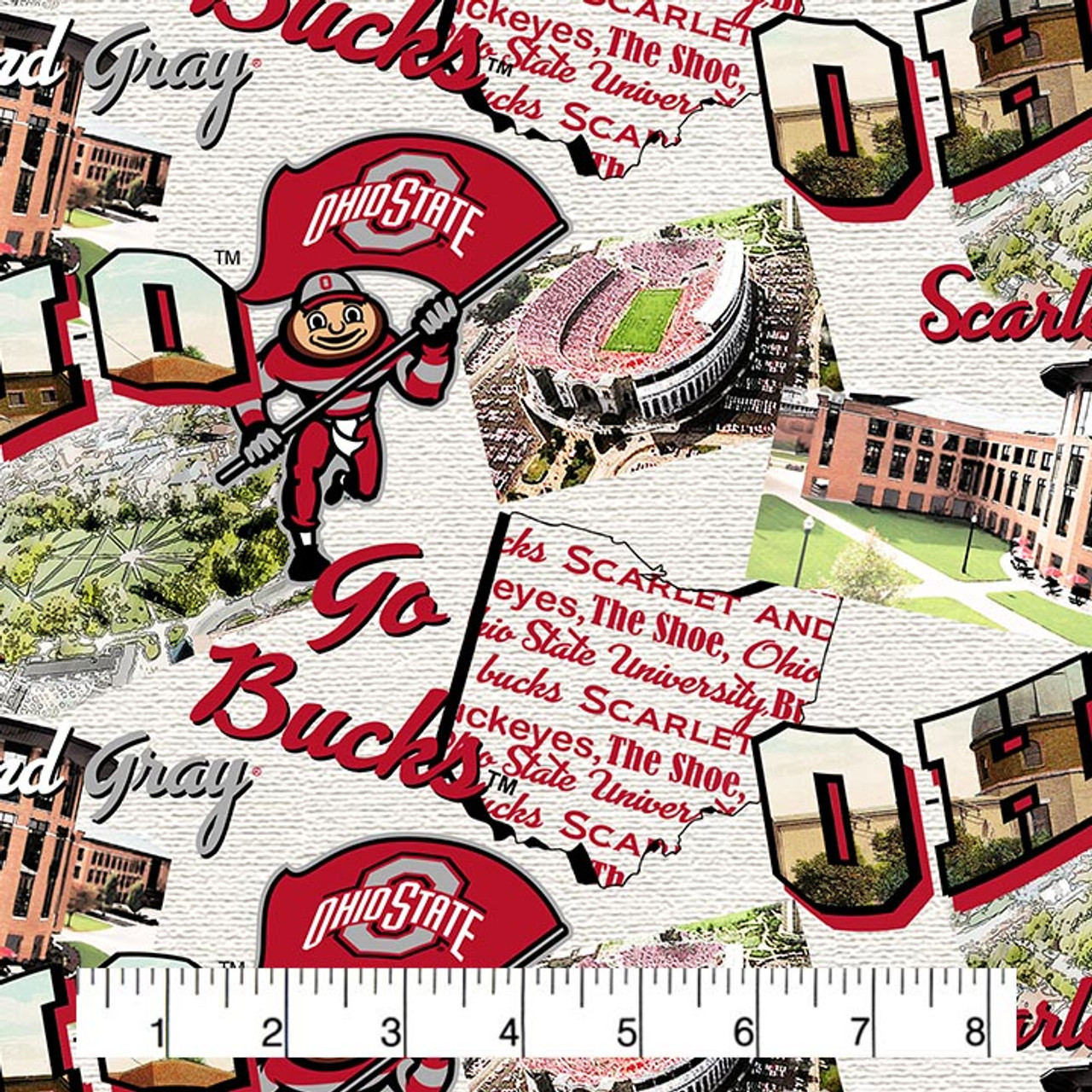 Ohio State University Buckeyes Cotton Fabric with Scenic Map Print or Matching Solid Cotton Fabrics