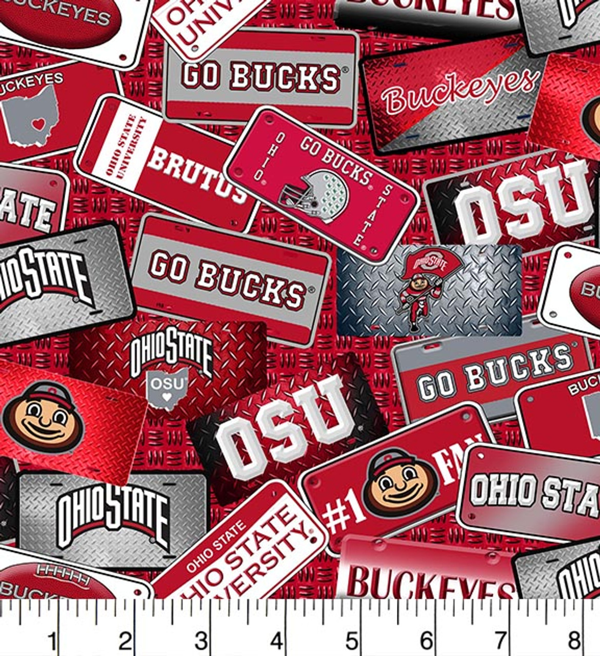 Ohio State University Buckeyes Cotton Fabric with License Plate Print and Matching Solid Cotton Fabrics