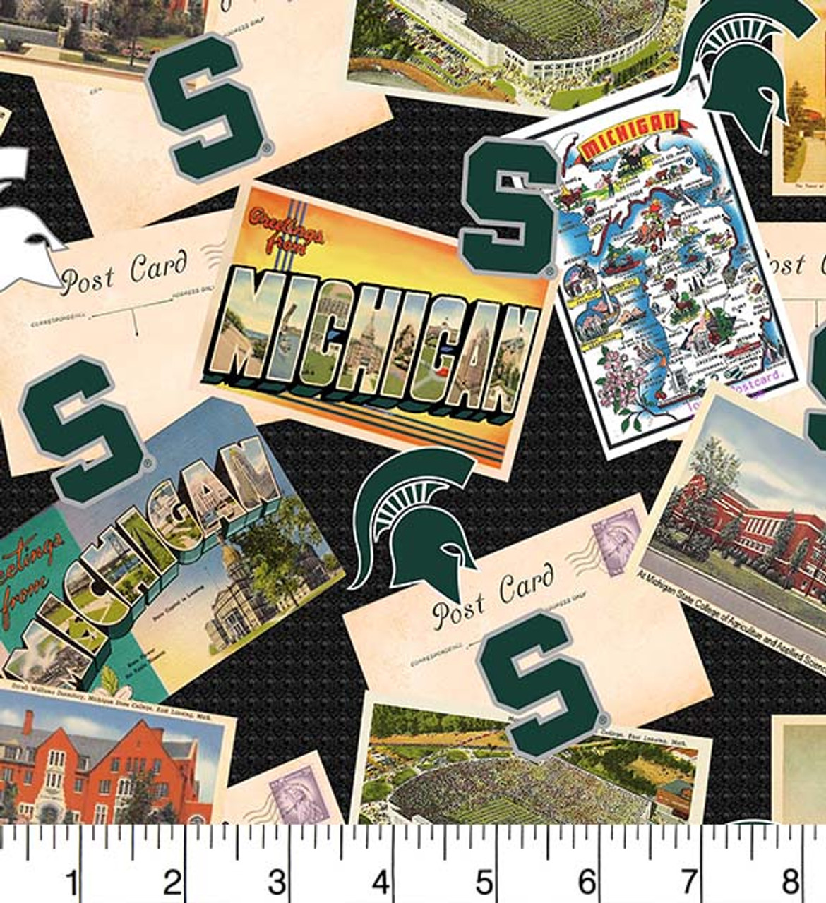 Michigan State University Spartans Cotton Fabric with Postcard Print or Matching Solid Cotton Fabrics