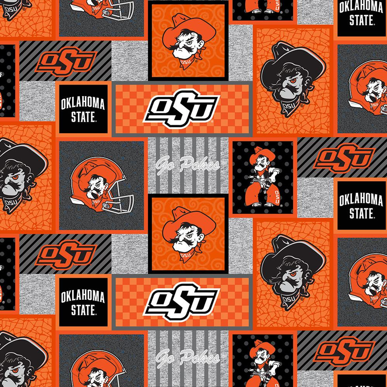 Oklahoma State University Fleece Fabric with College Patch Design-Sold by the yard
