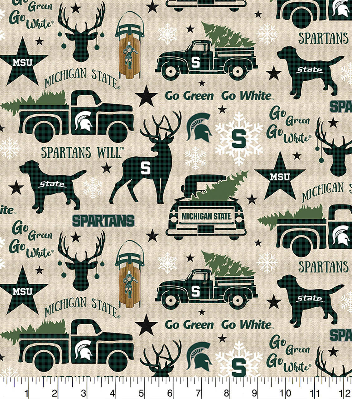 Michigan State University Spartans Cotton Fabric with Christmas Print and Matching Solid Cotton Fabrics