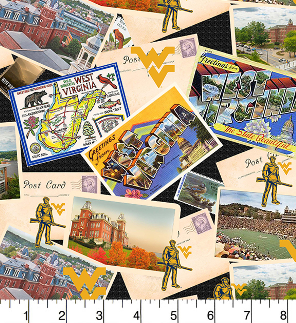 West Virginia University Mountaineers Cotton Fabric with Postcard Print or Matching Solid Cotton Fabrics