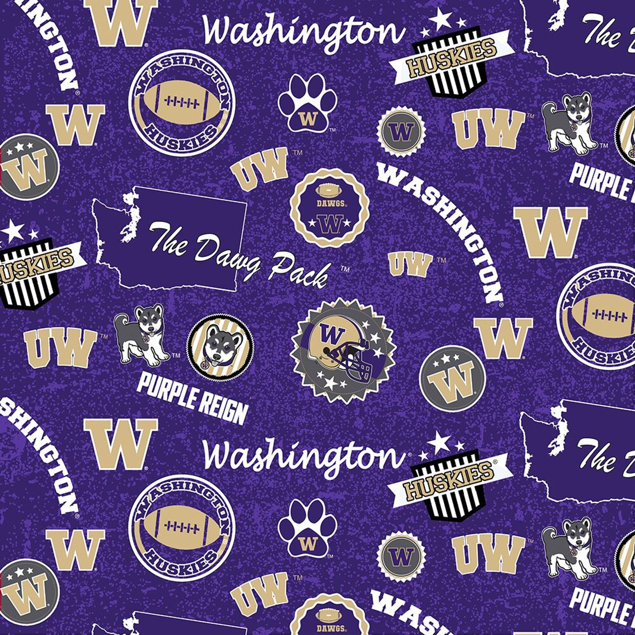 University of Washington Huskies Cotton Fabric with Home State Print or Matching Solid Cotton Fabrics