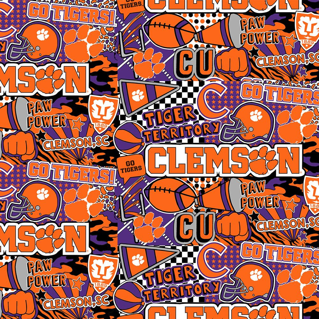 Clemson University Tigers Cotton Fabric with Pop Art Print or Matching Solid Cotton Fabrics