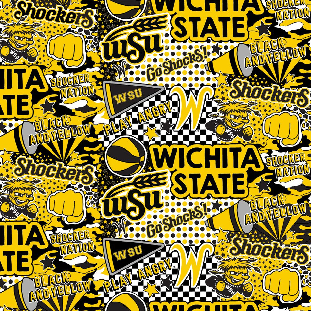Wichita State University Shockers Cotton Fabric with Pop Art Print and Matching Solid Cotton Fabrics