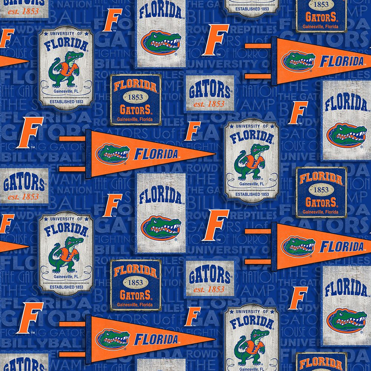 University of Florida Gators Cotton Fabric with Vintage Pennant Print or Matching Solid Cotton Fabrics