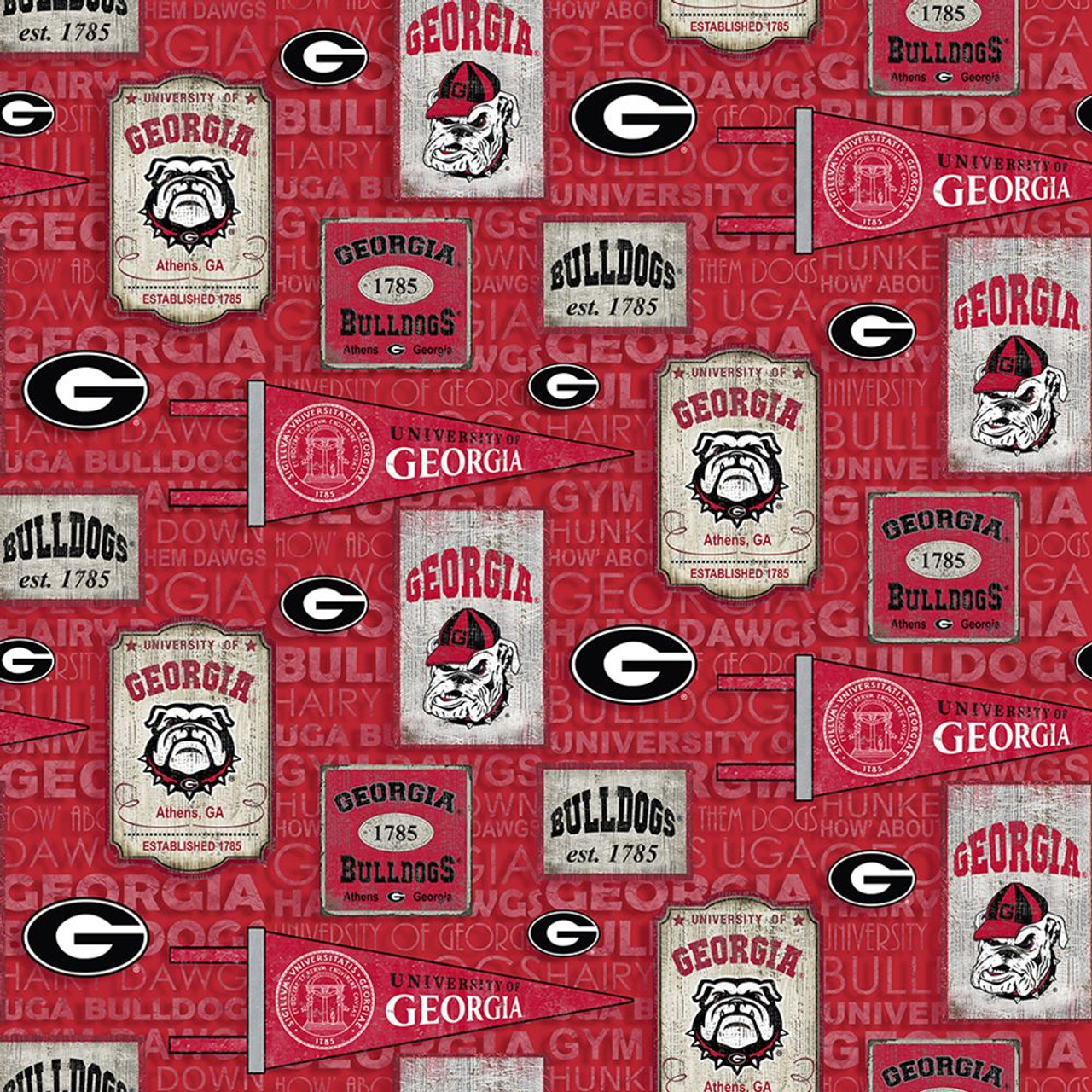 University of Georgia Bulldogs Cotton Fabric with Vintage Pennant Print or Matching Solid Cotton Fabrics