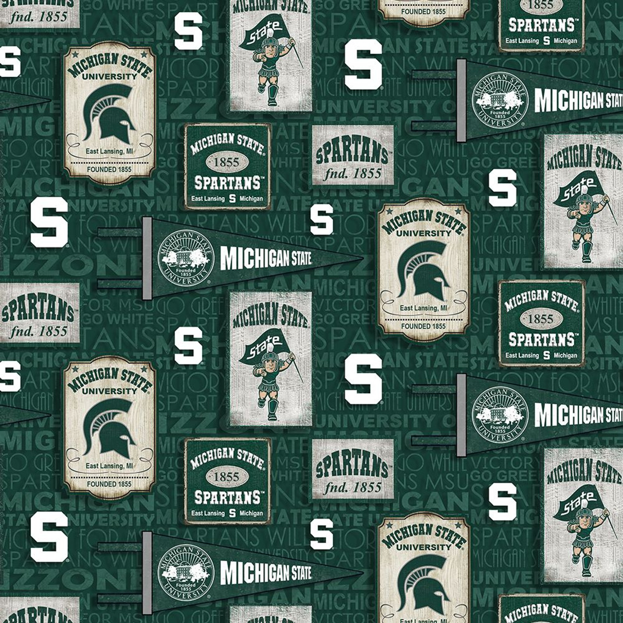 Michigan State University Spartans Cotton Fabric with Vintage Pennant Print or Matching Solid Cotton Fabrics