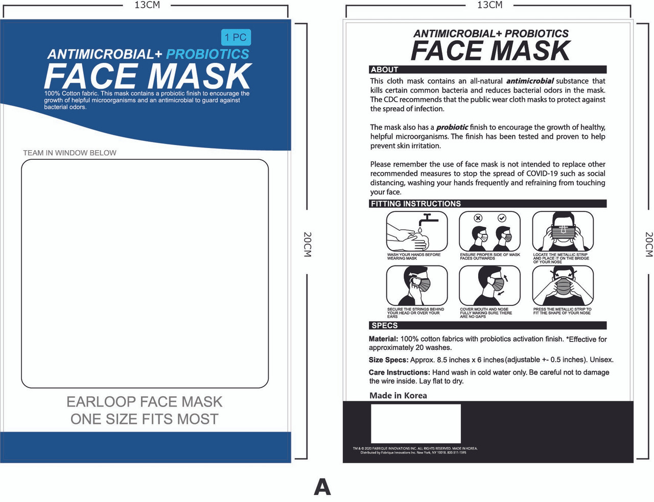 Fire Fighter Face Mask-With Anti-microbial & Probiotics-100% Cotton-Individually Packaged-Adjustable Earloop