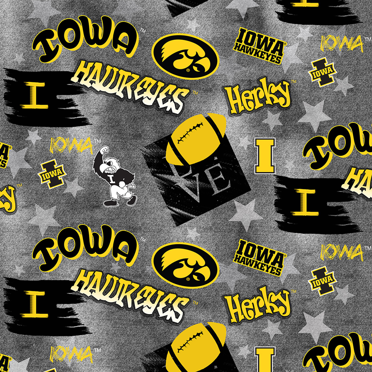 University of Iowa Hawkeyes Cotton Fabric with Graffiti Print or Matching Solid Cotton Fabrics