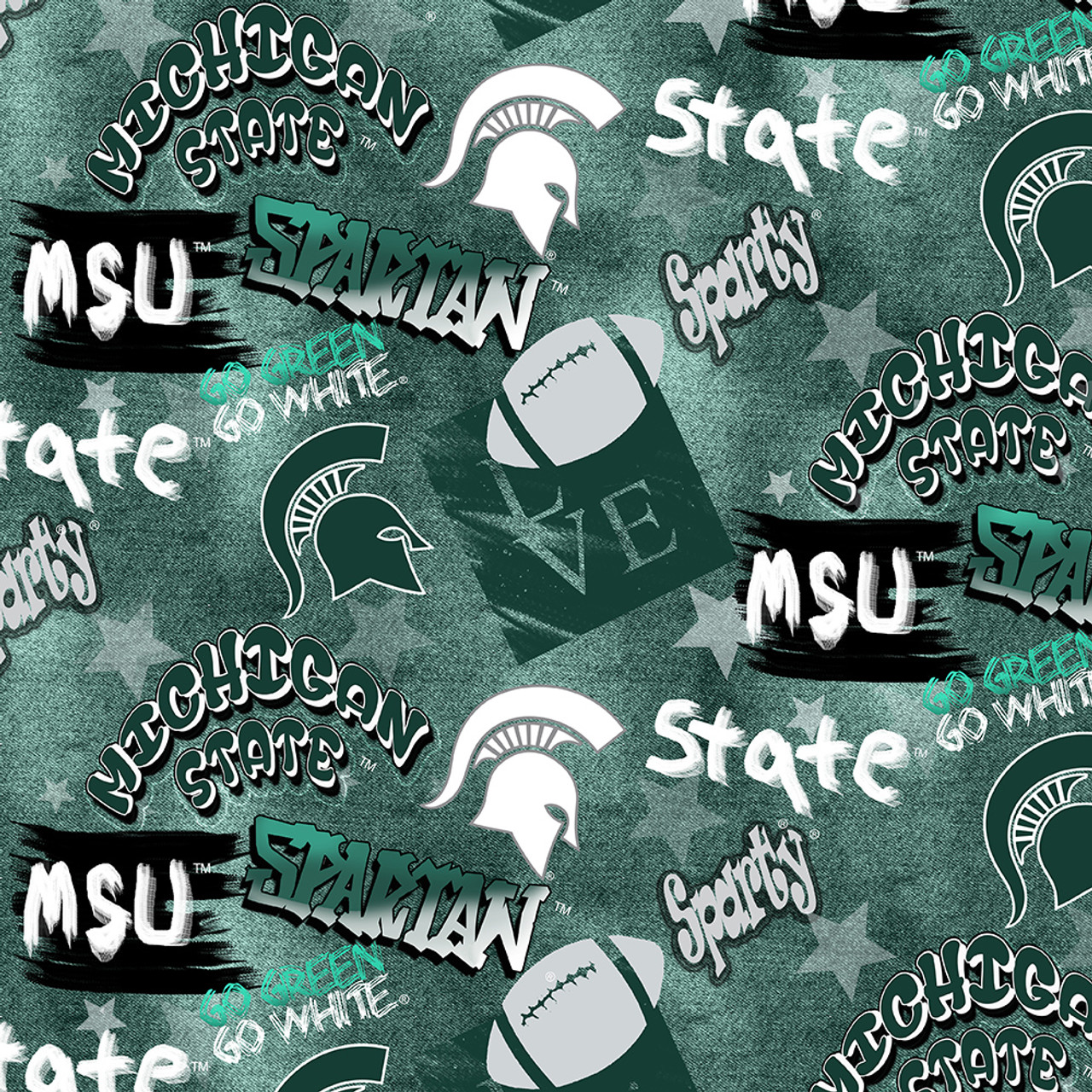 Michigan State University Spartans Cotton Fabric with Graffiti Print or Matching Solid Cotton Fabrics