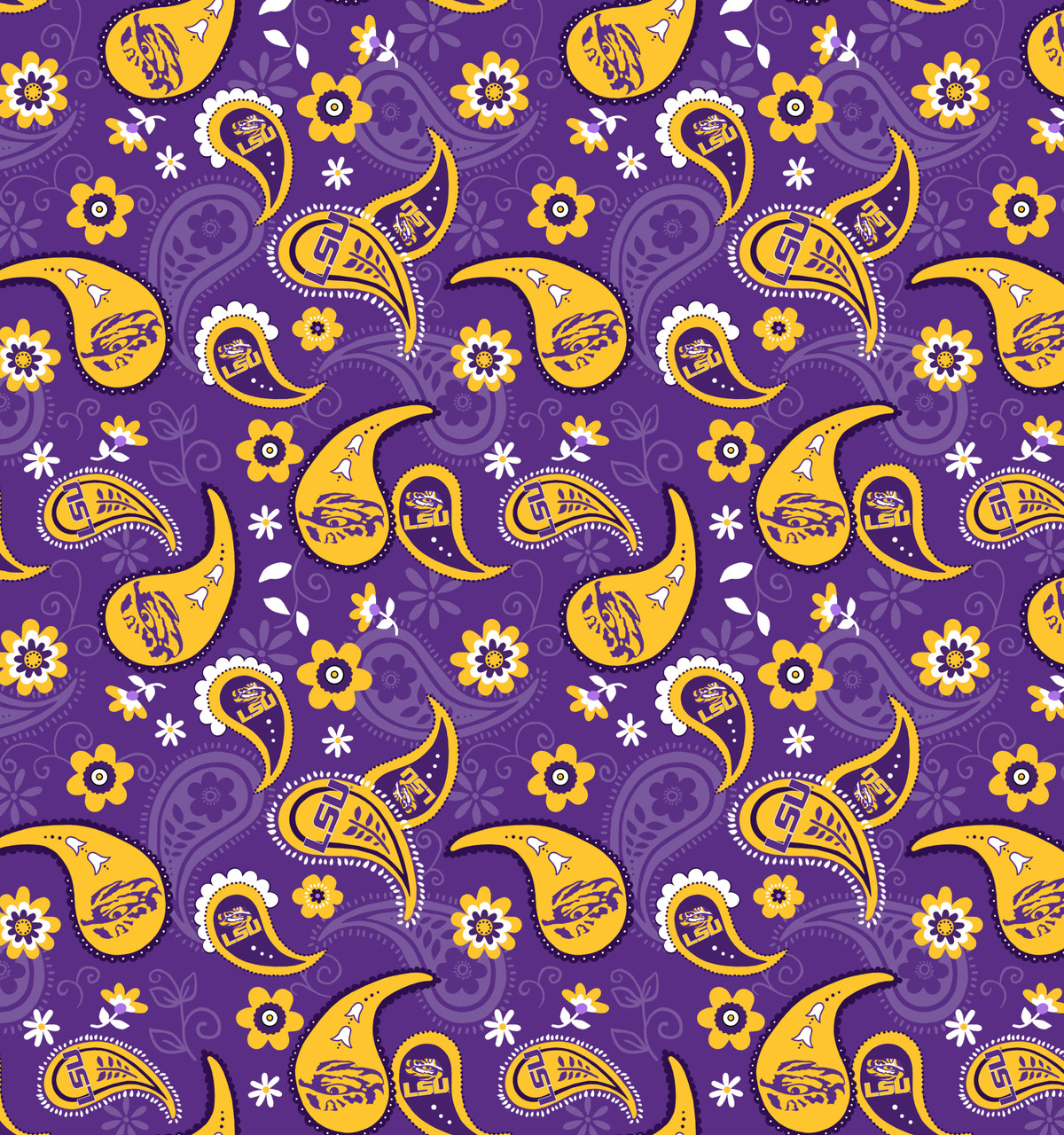 Louisiana State University LSU Tigers Cotton Fabric with Paisley Print or Matching Solid Cotton Fabrics