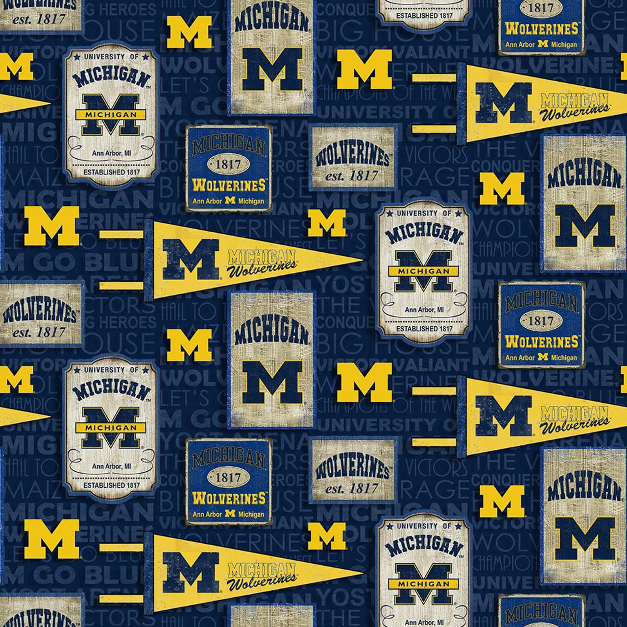 University of Michigan Wolverines Cotton Fabric with Vintage Pennant Print or Matching Solid Cotton Fabrics