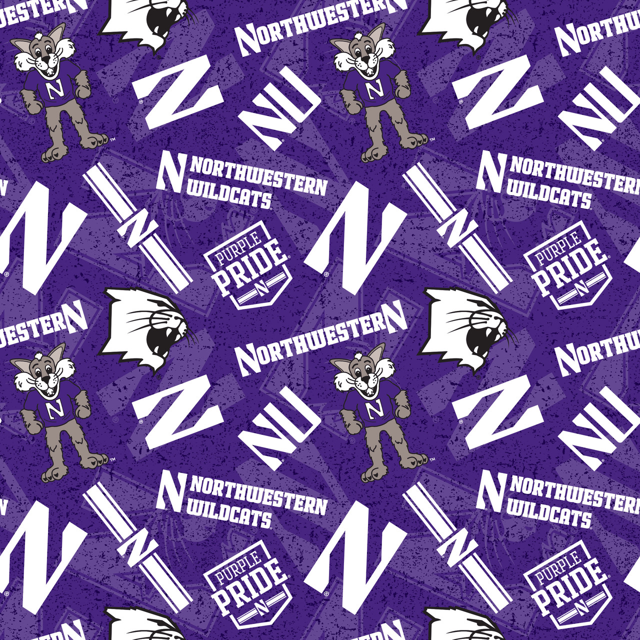 Northwestern University Wildcats Cotton Fabric with Tone On Tone Print or Matching Solid Cotton Fabrics