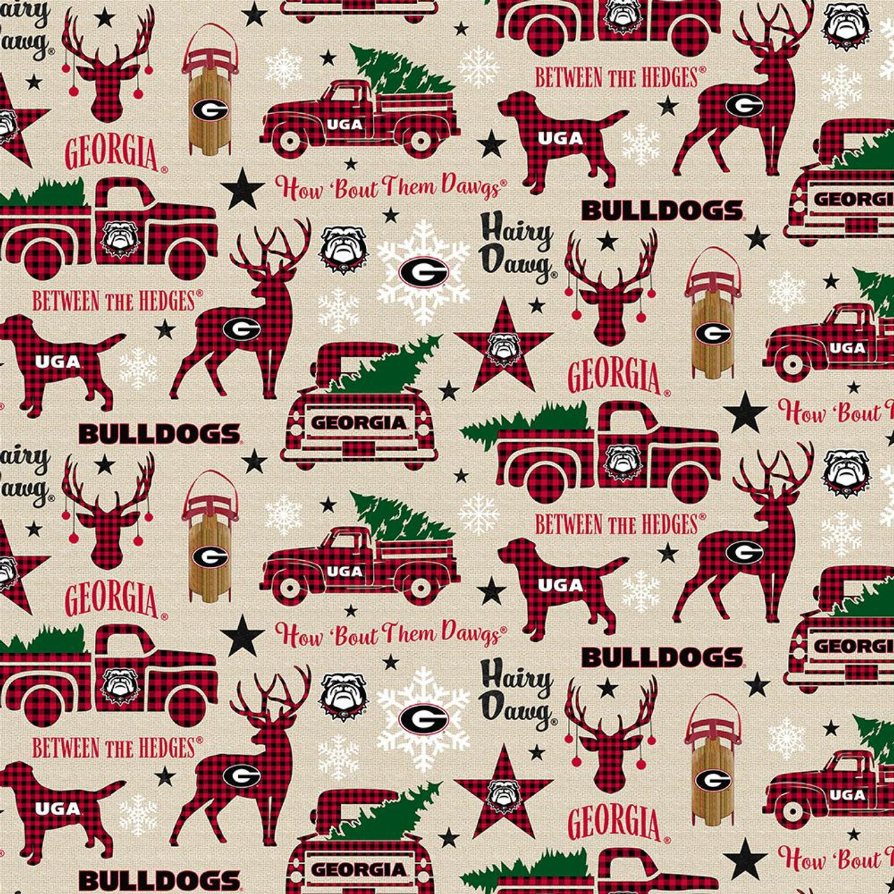 University of Georgia Bulldogs Cotton Fabric with Christmas Print and Matching Solid Cotton Fabrics