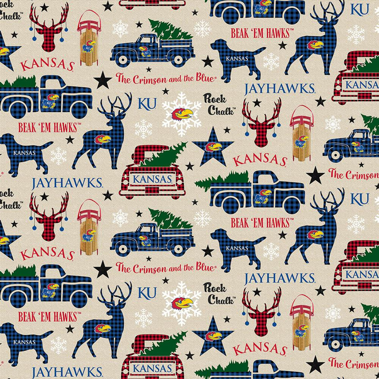 University of Kansas Jayhawks Cotton Fabric with Christmas Print or Matching Solid Cotton Fabrics