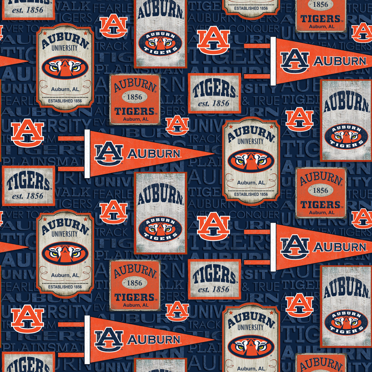 Auburn University Tigers Cotton Fabric with Vintage Pennant Print or Matching Solid Cotton Fabrics