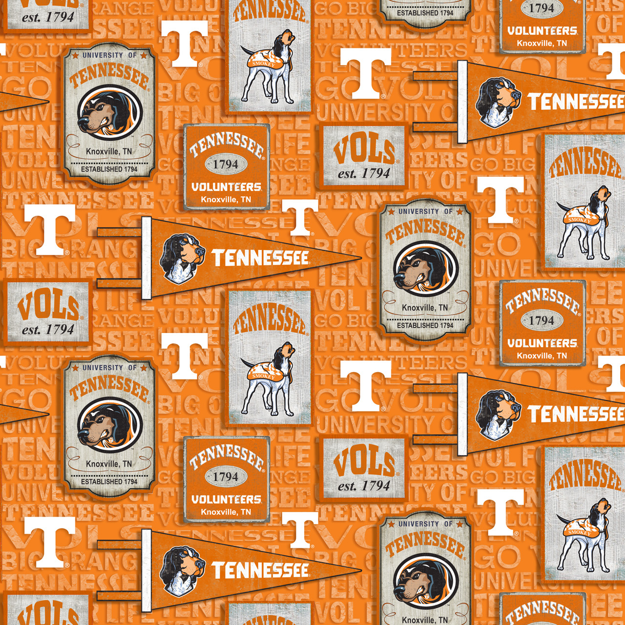 University of Tennessee Volunteers Cotton Fabric with Vintage Pennant Print or Matching Solid Cotton Fabrics