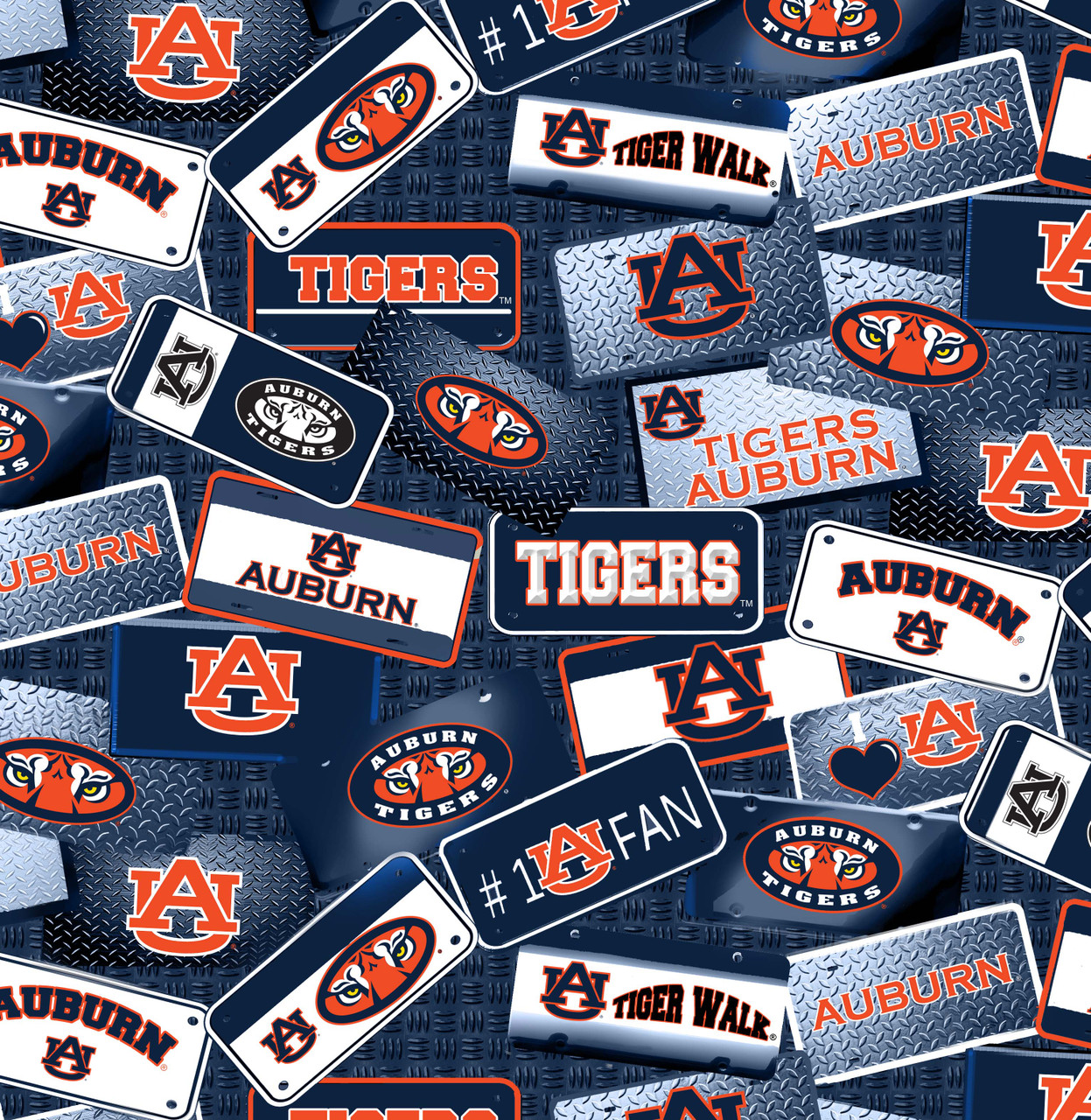Auburn University Tigers Cotton Fabric with License Plate Print or Matching Solid Cotton Fabrics