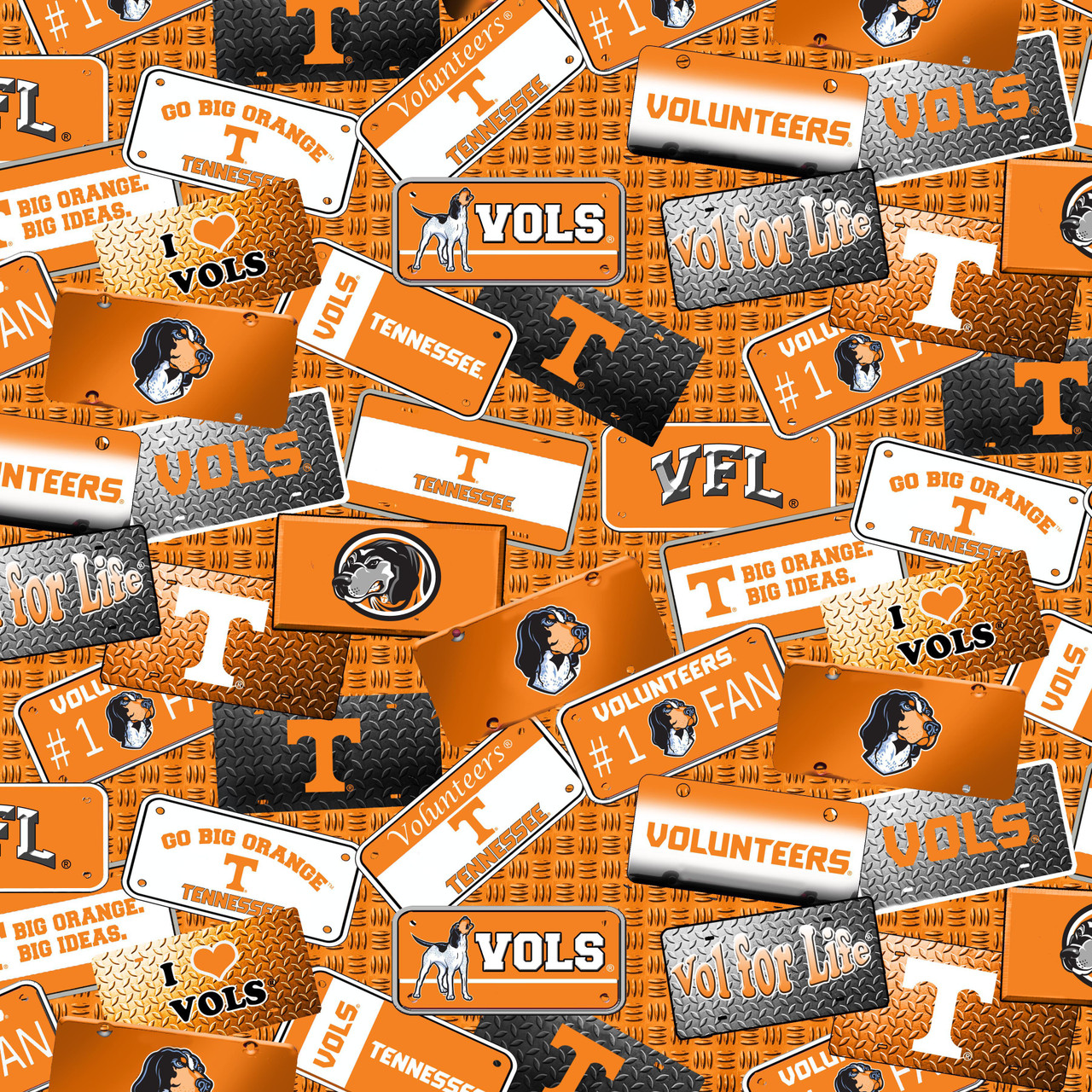 University of Tennessee Volunteers Cotton Fabric with License Plate Print and Matching Solid Cotton Fabrics