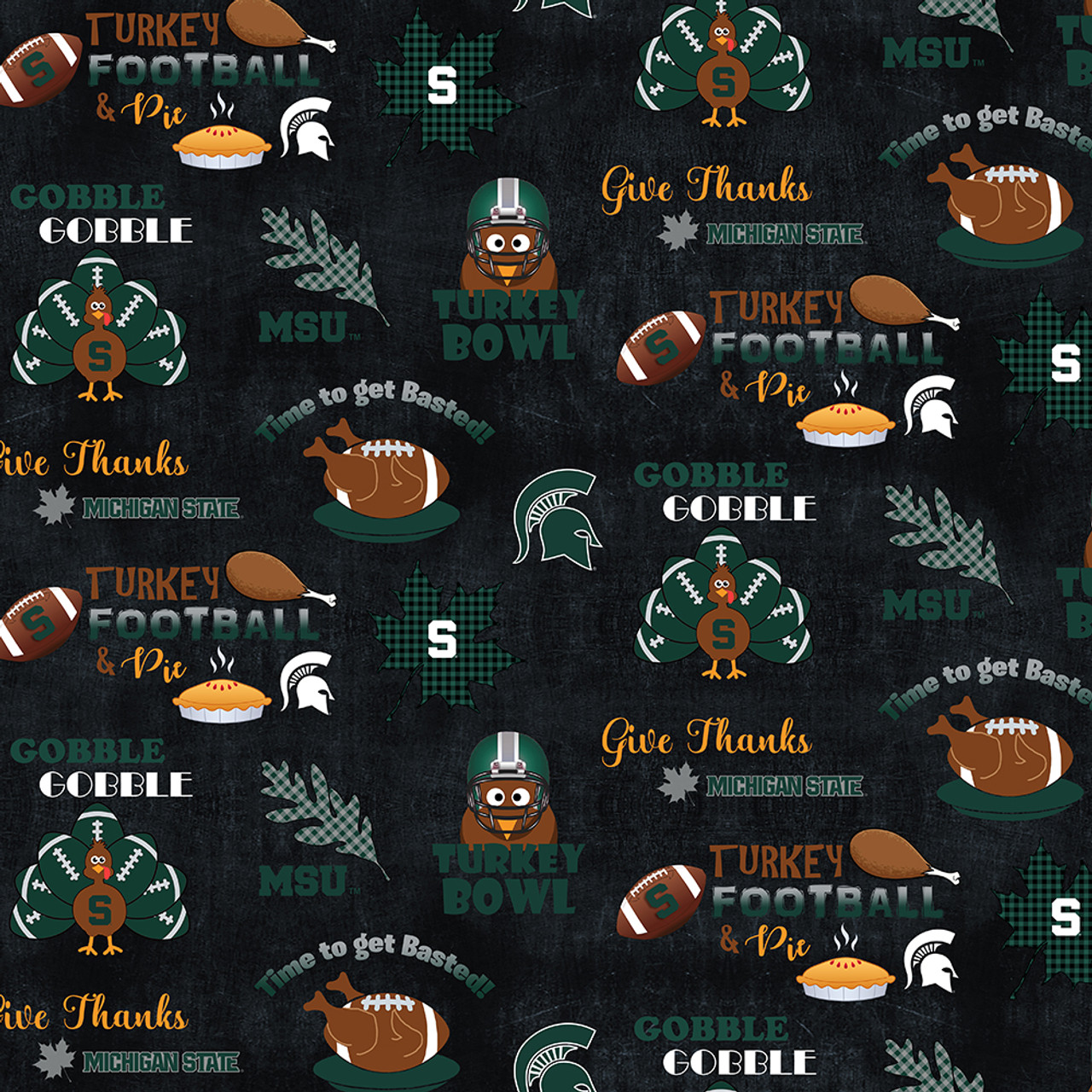 Michigan State University Spartans Cotton Fabric with Turkey Bowl Holiday Print or Matching Solid Cotton Fabrics