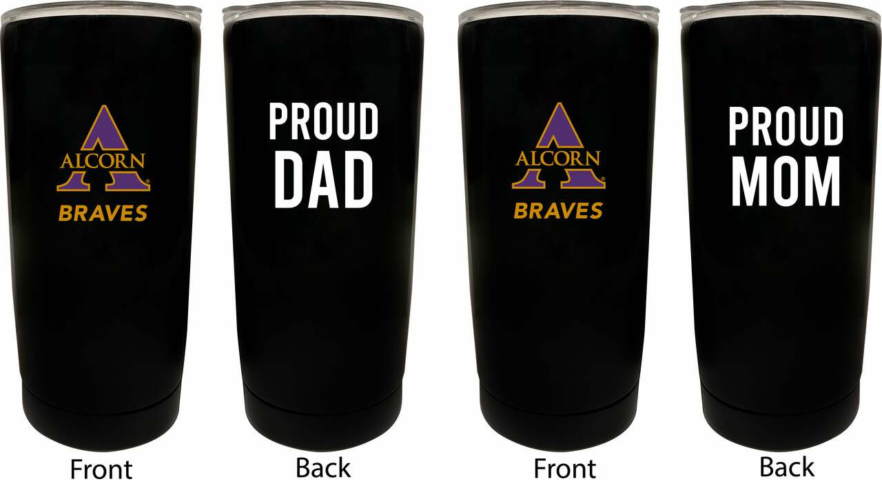 Alcorn State Braves Proud Mom and Dad 16 oz Insulated Stainless Steel Tumblers 2 Pack Black.