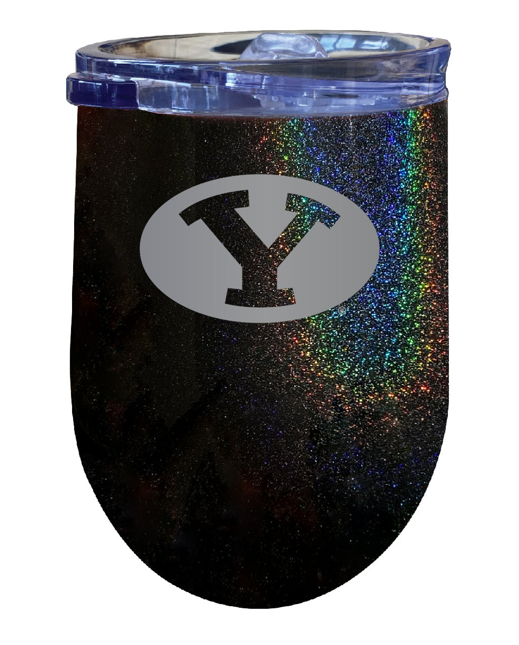 Brigham Young Cougars 12 oz Laser Etched Insulated Wine Stainless Steel Tumbler Rainbow Glitter Black