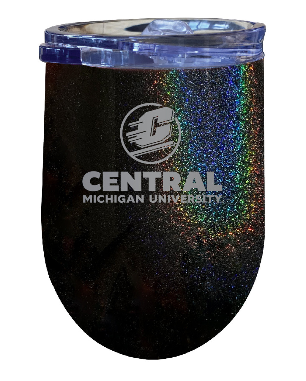 Central Michigan University 12 oz Laser Etched Insulated Wine Stainless Steel Tumbler Rainbow Glitter Black