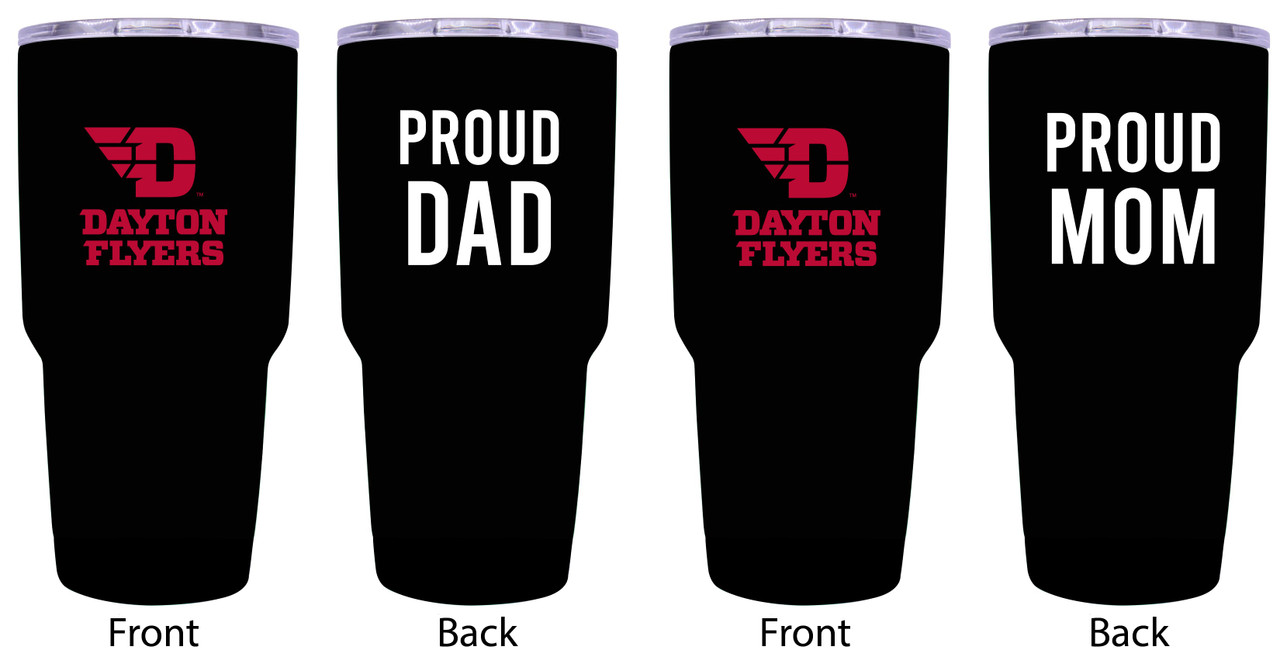 Dayton Flyers Proud Mom and Dad 24 oz Insulated Stainless Steel Tumblers 2 Pack Black.